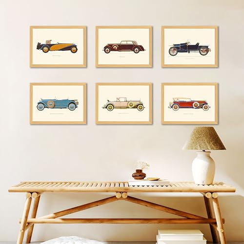Image of Vintage Car Wall Art Painting /Posters with Frame For Living Room Bedroom Home And Office Wall Decor, Set of 6, Size 9x13 Inch