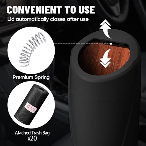 Image of Car Trash Can Bin with Lid - Car Garbage Can Cup Holder - Mini Leakproof Vehicle Garbage Bin with 20pcs Trash Bags-Automotive Organizers and Storage for Front Back Seat Accessories(Wood Grain Lid)