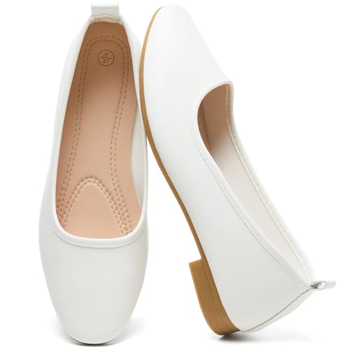 MEFOUND Women's Flats Shoes Ballet Flats Fashion Round Toe Comfortable Flats Dress Shoes Slip on Loafers for Women(White,US7)