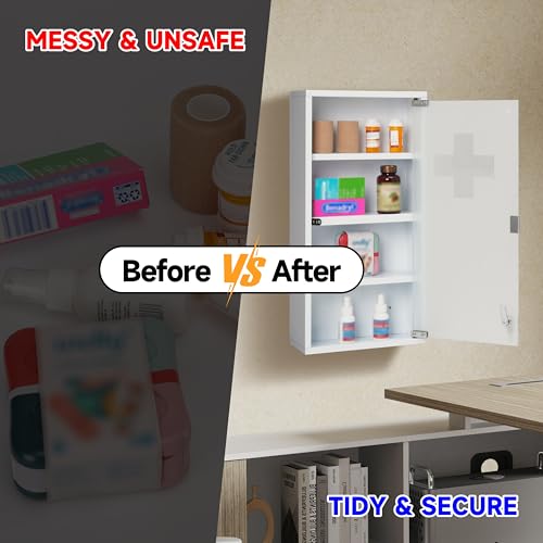 Mount Brook Locking Medicine Cabinet, 11.8\" W x 23.6\" H x 4.7\" D - Wall Mount Metal Medicine Cabinet with Lock, White Medical Cabinet, Frosted Glass Door with Keys and First Aid Cross Sign, 4 Shelves