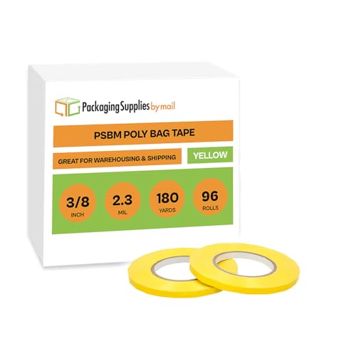 PackagingSuppliesByMail PSBM Poly Bag Sealing Tape, Yellow, 3/8 Inch x 180 Yards, 96 Pack, 2.3 Mil, Colored Sealer Tape for Dispenser Refill, Bags, Polybags, Produce, Wrapping, Freezer