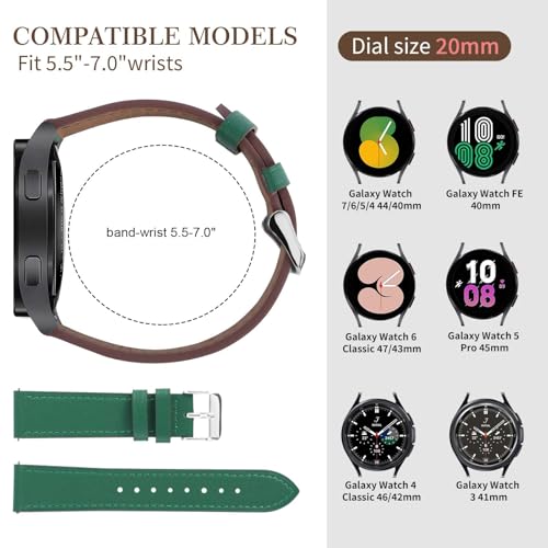 Italy Genuine Leather Watch Bands Compatible with Samsung Galaxy Watch 7 6 5 4 40/44mm, 5 Pro 45mm, 6 4 Classic Active 2, 20mmQuick Release Leather Watch Straps Replacement Band for Women Men Packof 2