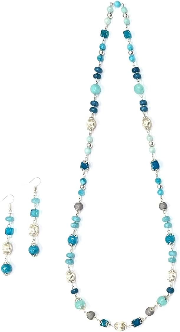 HeddzTurquoise Stone Beaded Necklace With Earrings For Women & Girls-Simple & Elegant Lightweight Necklace-Vintage Sparkle Bead Drop Style for Prom-Necklace Length 62 Cm