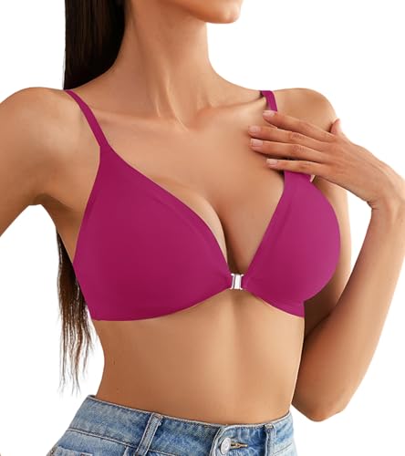 Image of DEANGELMON Front Closure Bras for Women Wireless Lightly Padded Bralett Seamless Low Cut V-Neck Lightweight T-Shirts Bra