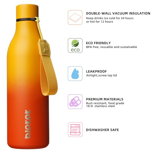 Image of BJPKPK Insulated Water Bottles, 25 oz Stainless Steel Metal Water Bottle with Strap, BPA Free Leak Proof Jugs, Mugs, Flasks, Reusable Thermal Flasks for Sports & Travel, Sunset Orange