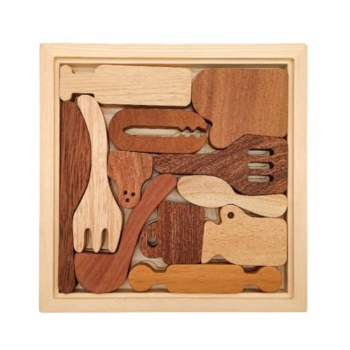Qianly Jeu D'encastrement 3D en Bois Emboîtable Plateau Puzzle en Bois Logique Jouet Éducatif pour École Maternelle, Puzzle en Bois D Ustensiles De Cuisine MM