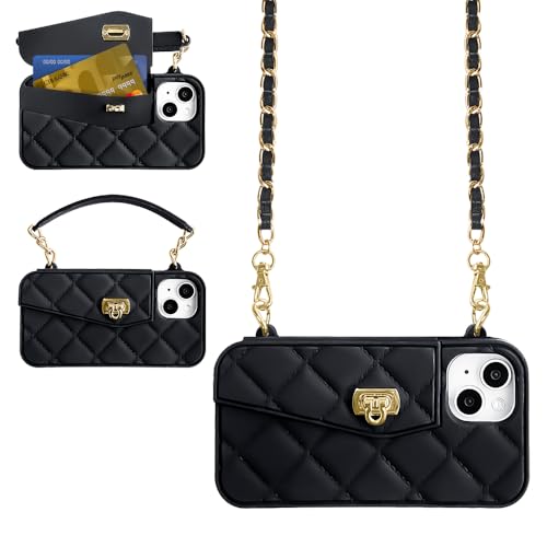 UnnFiko Hülle für iPhone 14 mit Band Silikon Handyhülle mit Kartenfächer,Handykette zum Umhängen,Schwarz