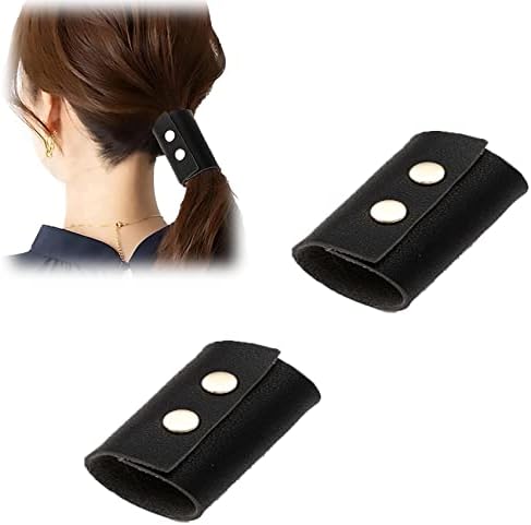 Leather Ponytail Holder for Motorcycles, Handmade Leather Ponytail Hair Cuff, Ponytail Wrap Hair Glove for Women with Long Hair (Black x 2)