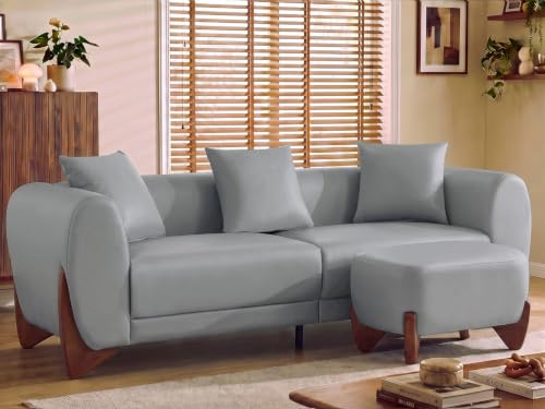 Image of 87 inch Faux Leather Cloud Couch with Ottoman, Modern 3 Seater Sofa with Solid Wood Legs 25 inch Extra Deep Seat Comfy Thick Cushion Upholstered Sofa Couches with 3 Pillows for Living Room, Light Grey