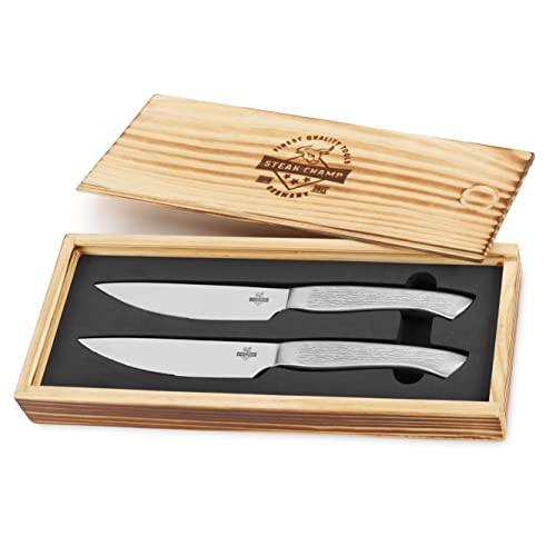 Steakchamp Juego de 2 cuchillos para bistec Big Bull, 150g de peso en estilo asador, caja de regalo de madera maciza como regalo para hombre Cover