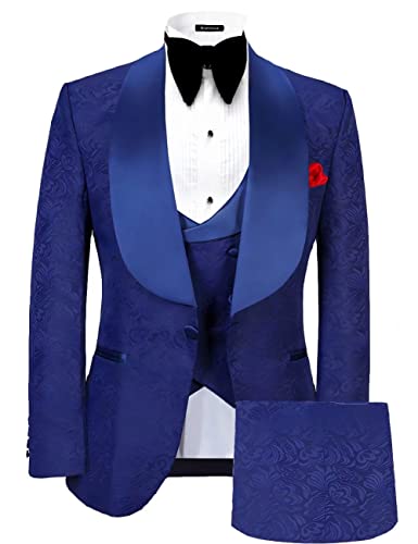 Slim Fit Suits For Men 3 Piece Suits Royal Blue Shawl Lapel Jacquard Floral Tuxedo With Bow Tie Size Xxs #TOP19
