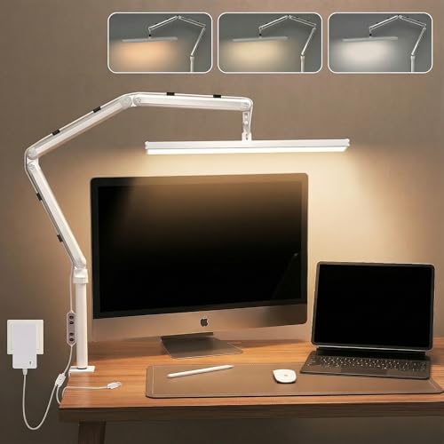 Lmaqfum Lampada da scrivania a LED con pinza, 1400 LM Lampada da Architect regolabile 3000K-6000K, braccio girevole a 360°, lampade da tavolo per ufficio, lettura, studio, trucco