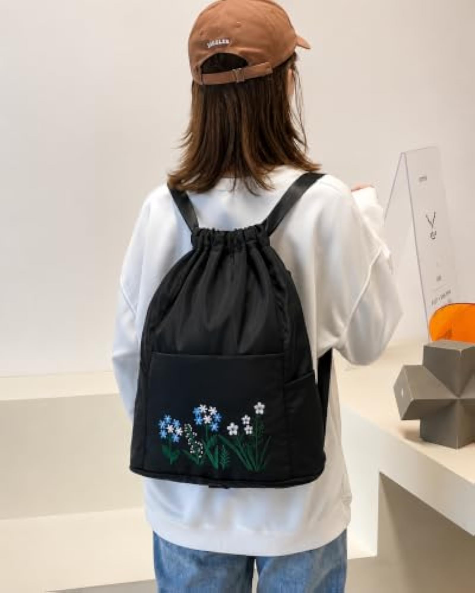 Women's Floral Embroidery Drawstring Backpack, Lightweight Travel Bag