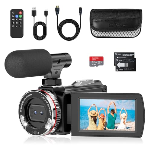 Videocamera 4K 48MP Camcorder per YouTube, 21X Zoom Digitale Videocamere, Schermo Rotante 270° 3' Vlog Camera, Video Camera con Scheda TF da 32 GB, Cavo HDMI, Mic, Telecomando, 2 Batterie (Dual CAM)