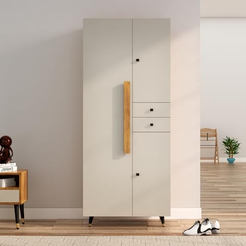 Image of Bniture 3 Door Wooden Wardrobe for Bedroom | Almirah for Clothes with 3 Shelves & 2 Hanging Space | Full Height Storage Cupboard for Bedroom | Spacious Storage Cupboard | Giant Wood & Frosty White