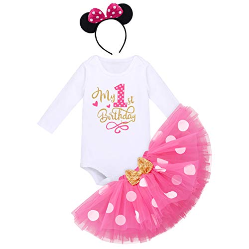 Babypakje voor kleine meisjes, 1/2/3e verjaardag, Minnie outfit, katoen, lange mouwen, rompertje + prinses polka dots tule tutu + muis oor hoofdband, 3-delige kledingset rekwisieten kostuum voor fotoshoot, Hot Pink-My 1st Birthday, 12 Maanden - Image 4