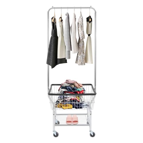 Large Capacity Clothes Cart, Heavy Duty Rolling Laundry Cart, Commercial Laundry Basket with Hanging Rod and Wire Storage Rack 19.69 * 15.75 * 70.87