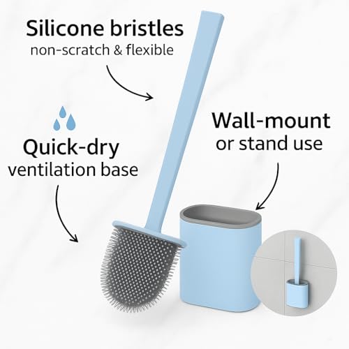 Image of Zuku Toilet Cleaning Brush Bathroom Cleaning Accessories Toilet Brush with Holder Stand Silicon Toilet Brush Cleaner Commode Cleaning Brush Wall Mounted Bathroom Cleaning Accessories(Blue,Pack of 2)