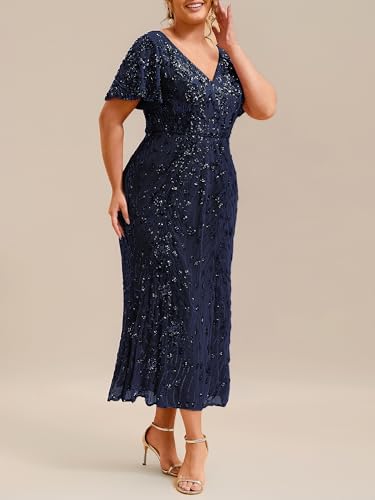 Image of Ever-Pretty Plus Women's Sequin V Neck Plus Size Prom Dress Mermaid Formal Cocktail Evening Dresses for Curvy Women
