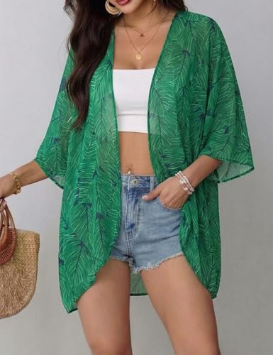 Image of Chunoy Women Floral Beach Wear Cover Up Chiffon Kimono Cardigan Open Front Blouse Top