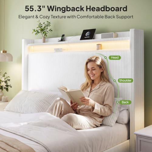 Image of Queen Size Bed Frame with 55.3 inch Tall Headboard, Corduroy Upholstered,White