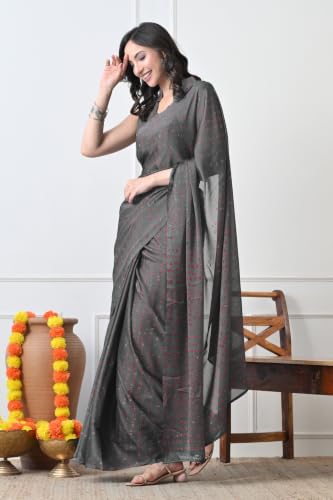 Image of MIRCHI FASHION Saree for Woman Chiffon Georgette Solid with Contrast Border | Lightweight Daily Wear Women's Sari and Printed Blouse Piece
