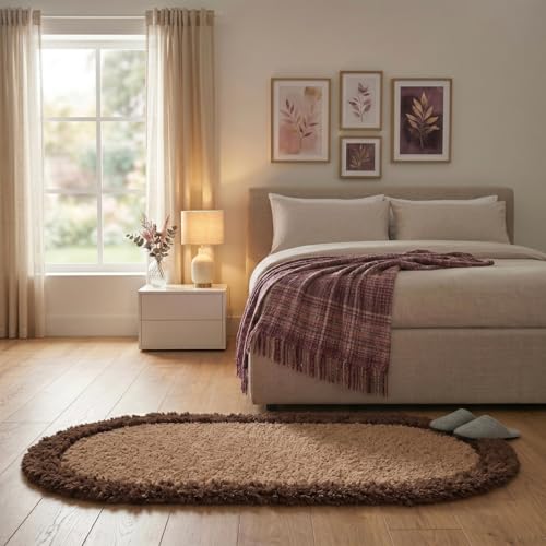 Image of Shaggy Runner, Polyester Rug, Hallway Carpet, Bedside Runner, Plush Area Rug, high Pile Rug, 2 inch Pile, Fluffy Floor mat. - (2x3 feet, Beige /Coffee, Oval)