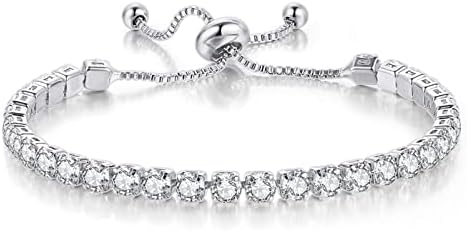 Tennis Bracelets for Women White Cubic Zirconia Classic Adjustable Crystal Slider Plated Silver Bracelet Fashion Jewelry Wedding Gift for Girls Women Wife Mom - One Size