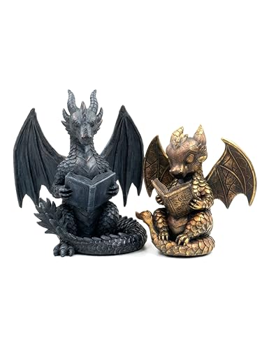 Stylor Fantasy Dragon Bookends Set of 2 - Romantasy Bookish Gifts for Fantasy Readers Vintage Gold & Black Statues Bookshelf Decor for Book Lovers Heavy Duty Resin Figurine Reading Dragon Book Ends