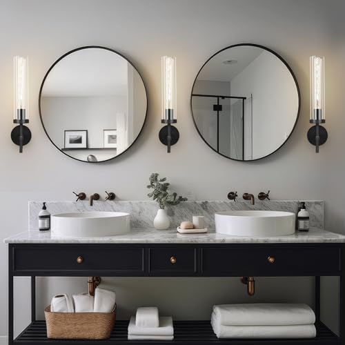 Image of Black Wall Sconce, 19.48'' Brushed Brass Knurled Bathroom Sconces Wall Lighting Vanity Light with Clear Glass, Indoor Wall Mount Light for Living Room Mirror Bedroom Stairs