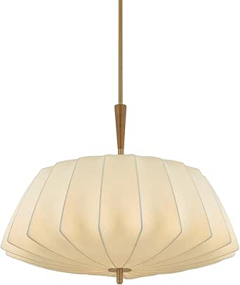 Troy Lighting Flinders 1-Light Pendant | Patina Brass Finish | Faceted Polymer Fabric Shade | Mid-Century Lantern-Inspired Ceiling Light | Oak Wood Accent | 32.25" W x 25.5" H | F4332-PBR