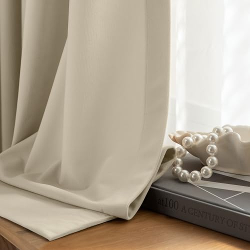 Image of Beauoop Beige Velvet Curtains 96 Inches Long 2 Panels for Bedroom Living Room Soft Luxury Room Darkening Thermal Insulated Soundproof Rod Pocket Window Treatments Drapes, 52X96 Set of 2
