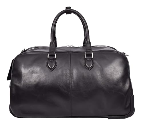 Genuine Leather Wheeled Holdall Duffel Weekend Overnight Bag Whitby, Black, L, Wheeled Travel Holdall4