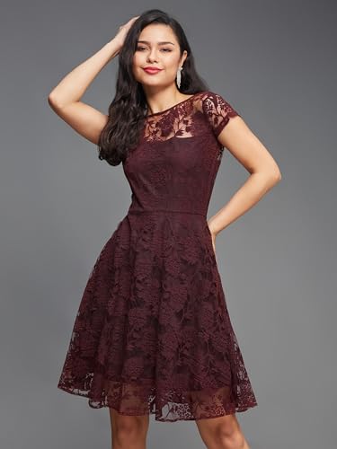 Image of Miss Chase Women's Round Neck Sleeveless Floral Ruffled GatheKnee-Long Skater Dress