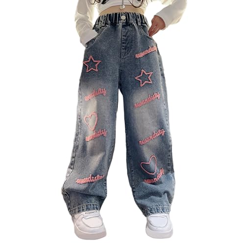 Tween Girls Elastic Waistband Jeans, Letter Graphic Embroidery Denim Pants, Loose Wide Leg Jeans with Five Pockets2