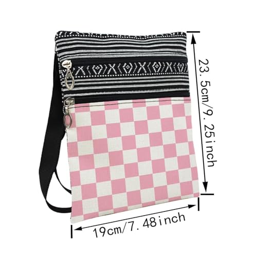 Pink Plaid Messenger Bag Small Ethnic Pattern Printed Adjustable Strap Crossbody Zipper Bag Pink Plaid Phone Bag Wallet Cute Shoulder Handbag for Women2