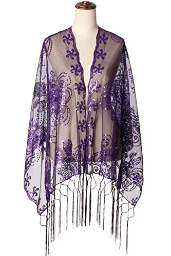 Image of BABEYOND 1920s Sequined Shawl Wraps for Women Fringed Evening Cape Wedding Bridal Shawl Scarf for Evening Dresses Party