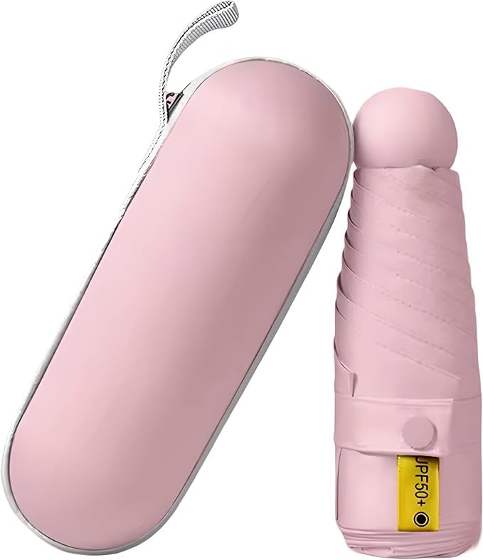 Guarda chuva de Bolso Ultra Compacto e Versátil – Mini Guarda-chuva Dobrável com Proteção UV, Leve e Portátil – Inclui Estojo Estilo Cápsula para Chuva e Sol (Rosa)