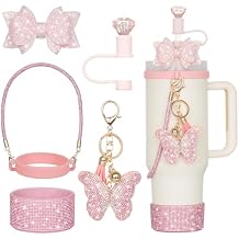 6Pcs Pink Stanley Cup Accessories with Handle Strap, Diamond Straw Topper, Bling Bow, Diamond Boot, Butterfly Charms for Water Bottle Tumbler 20oz 30oz 40oz, Mothers Day Graduation Gifts