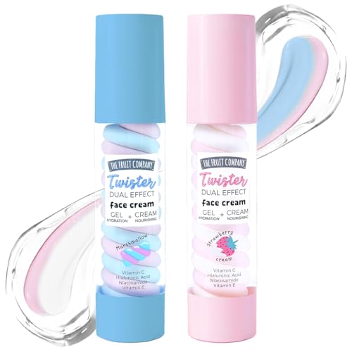 The Fruit Company Crema Facial Twister Dual Effect Pack 2 x 50 g – Gel + Crema con Ácido Hialurónico, Vitamina C y E, Niacinamida, Glow Diario (NUBE Y FRESA NATA)