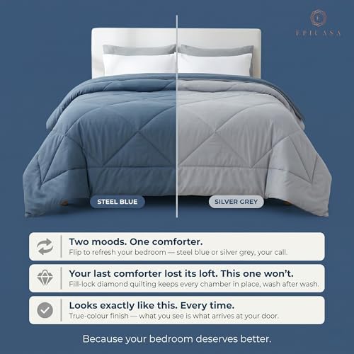 Image of Epicasa Reversible Comforter | 200 GSM Thermal Bonded Fill | 110 GSM Micro Peach Fabric | All Season AC Quilt | Diamond Quilted | Lightweight Duvet Blanket for Home Bedroom | Steel Blue & Silver Grey