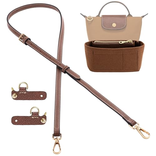 Image of Purse Organizer Insert & Leather Strap Conversion Kit Set, Compatible with Longchamp Le Pliage Mini Bag - Felt Inner Liner & Adjustable Shoulder Strap, Brown
