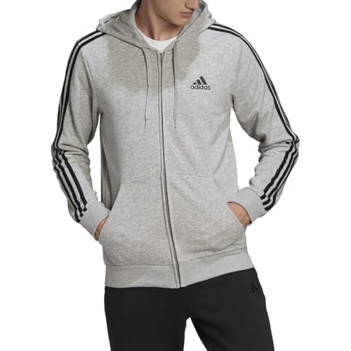adidas Men's Standard Essentials French Terry 3-Stripes Full-Zip Hoodie, Medium Grey Heather/Black, Small