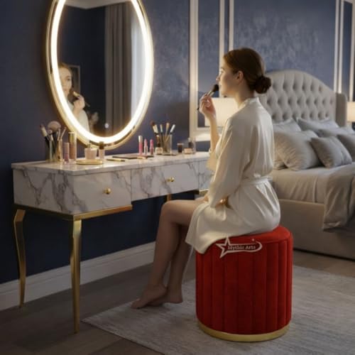 Image of Upholstered Round Linen Strip Stool Living Room Foot Rest Office Stool Pouf Ottoman Padded Seat - RED
