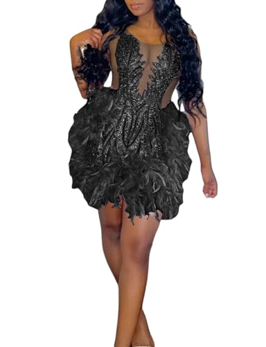 Crystals Lace Short Prom Dress 2024 Sheer Tulle Fitted Evening Gown with Feather