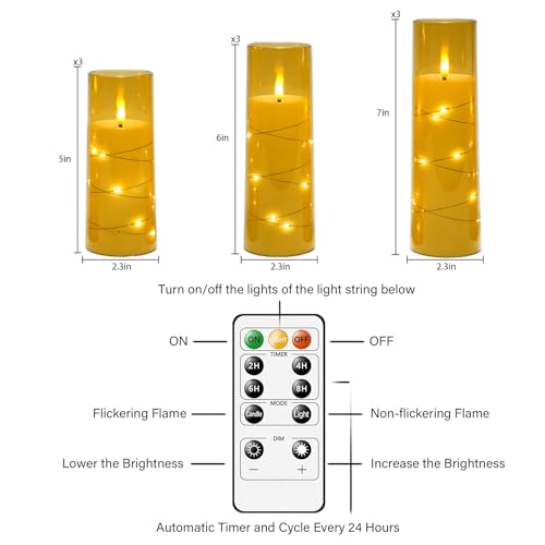 Image of Nimiko Flickering Flameless LED Candles,Battery Operated Candles 9 Pcs with Embedded Star String,Acrylic LED Pillar Candles with Remote,Suitable for Home Decoration to Create an Atmosphere(Gold)