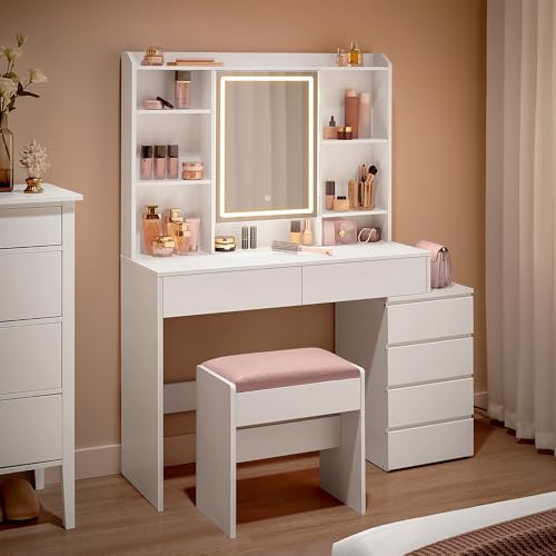 VASAGLE Schminktisch mit LED-Beleuchtung, Hocker, einstellbare Helligkeit, Frisiertisch mit Spiegel,...