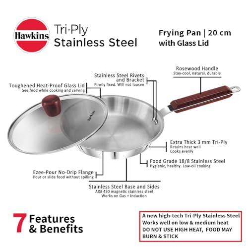 Image of Hawkins 20 cm Frying Pan, Triply Stainless Steel Fry Pan with Glass Lid, Induction Frying Pan, Silver (SSF20G)