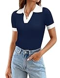Ivicoer Women's 2024 Summer Short Sleeve T Shirts V Neck Collar Fitted Ribbed Knit Sweater Tops Color Block Navy Blue, L