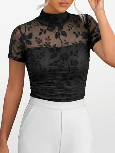 ANRABESS Womens Summer Sexy Mock Turtle Neck Short Sleeve Tops Sheer Mesh Shirts Slim Blouse Trendy Ruched Going Out Outfits Black Floral-L — view 3